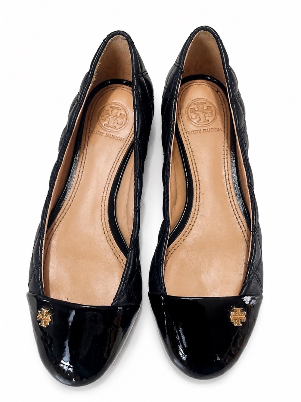 Tory Burch Black Quilted Leather Flats with Patent Toe Caps- Size 5